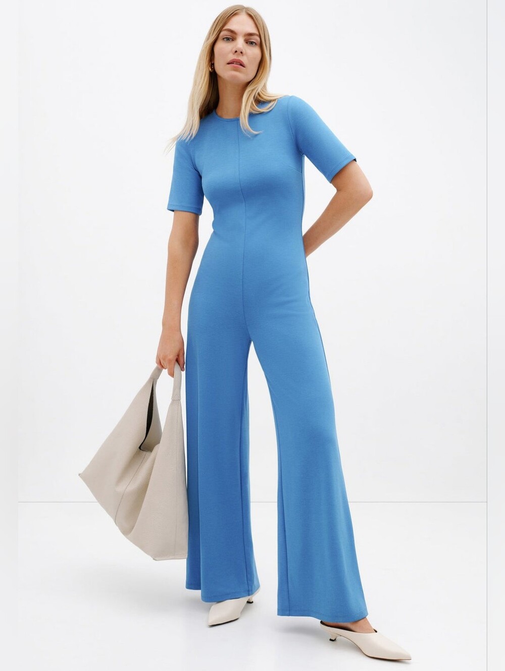 Marcella NYC Anna Jumpsuit European Ponte Wide-Leg Jumpsuit In Sky Blue S